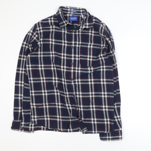 Jack & Jones Men's Navy Check Long Sleeve Button-Up Shirt XL