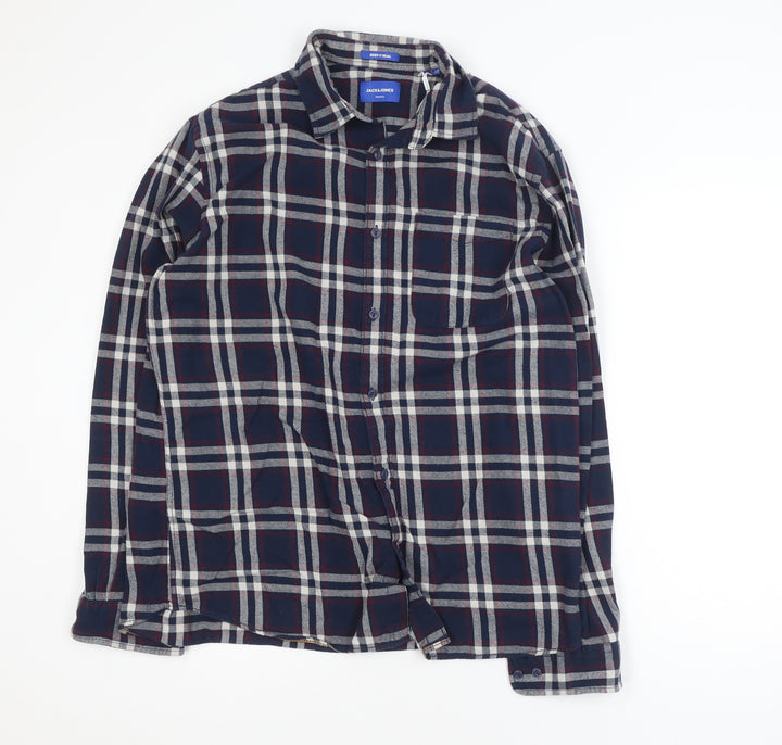 Jack & Jones Men's Navy Check Long Sleeve Button-Up Shirt XL