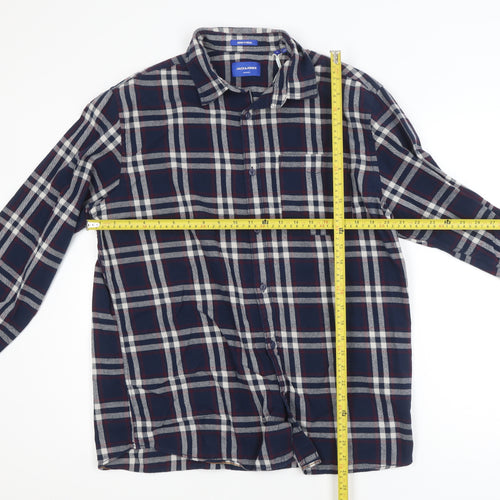 Jack & Jones Men's Navy Check Long Sleeve Button-Up Shirt XL