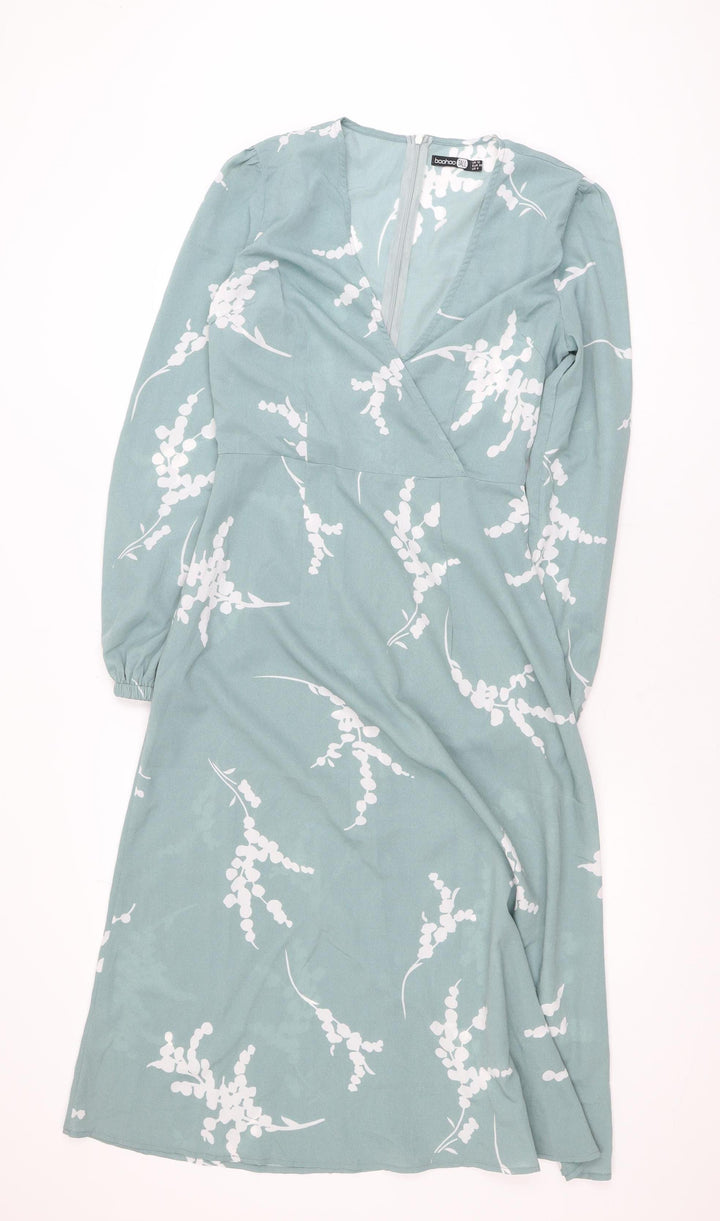 Boohoo Tall Womens Green Floral Midi Wrap Dress Size 10