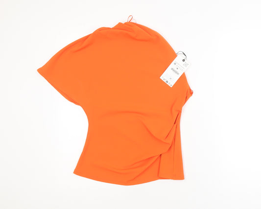 ZARA Women's Orange One Shoulder Asymmetrical Blouse M