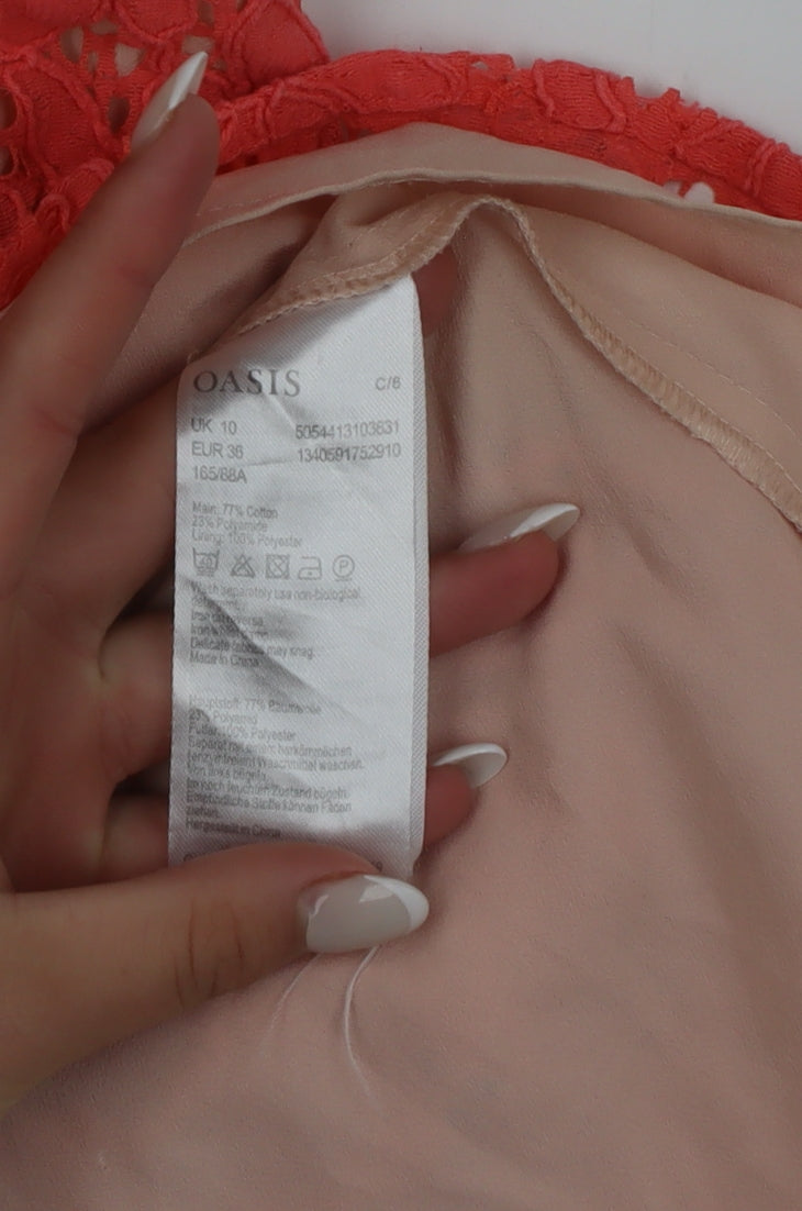 Oasis Women's Pink Lace Sleeveless Blouse Size 10 High Neck