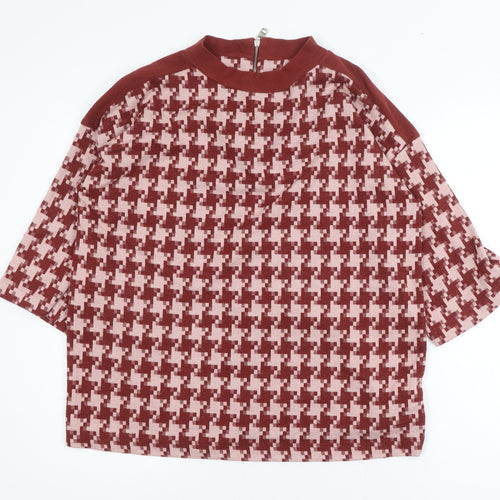 Next Women Red Houndstooth Mock Neck Zip Tunic Blouse UK 16