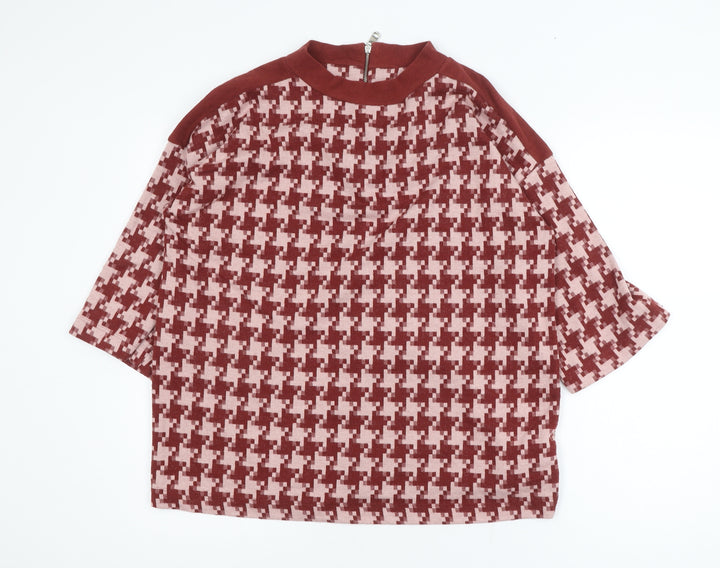 Next Women Red Houndstooth Mock Neck Zip Tunic Blouse UK 16