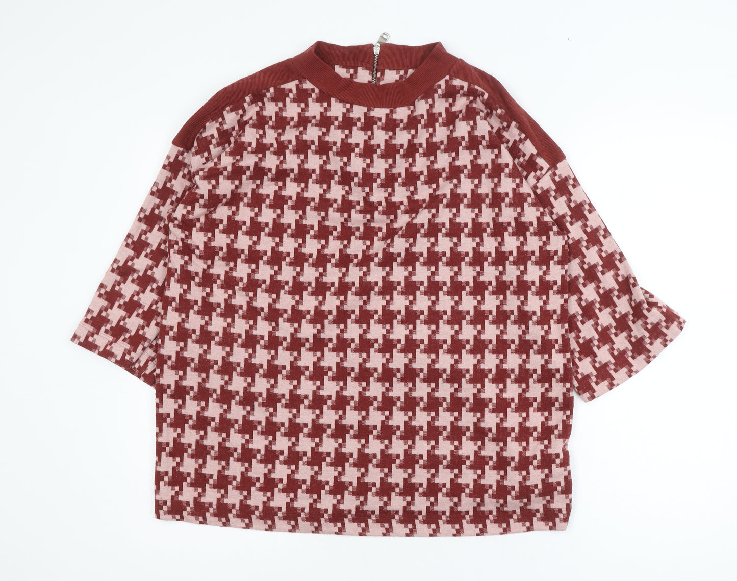 Next Women Red Houndstooth Mock Neck Zip Tunic Blouse UK 16