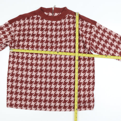 Next Women Red Houndstooth Mock Neck Zip Tunic Blouse UK 16