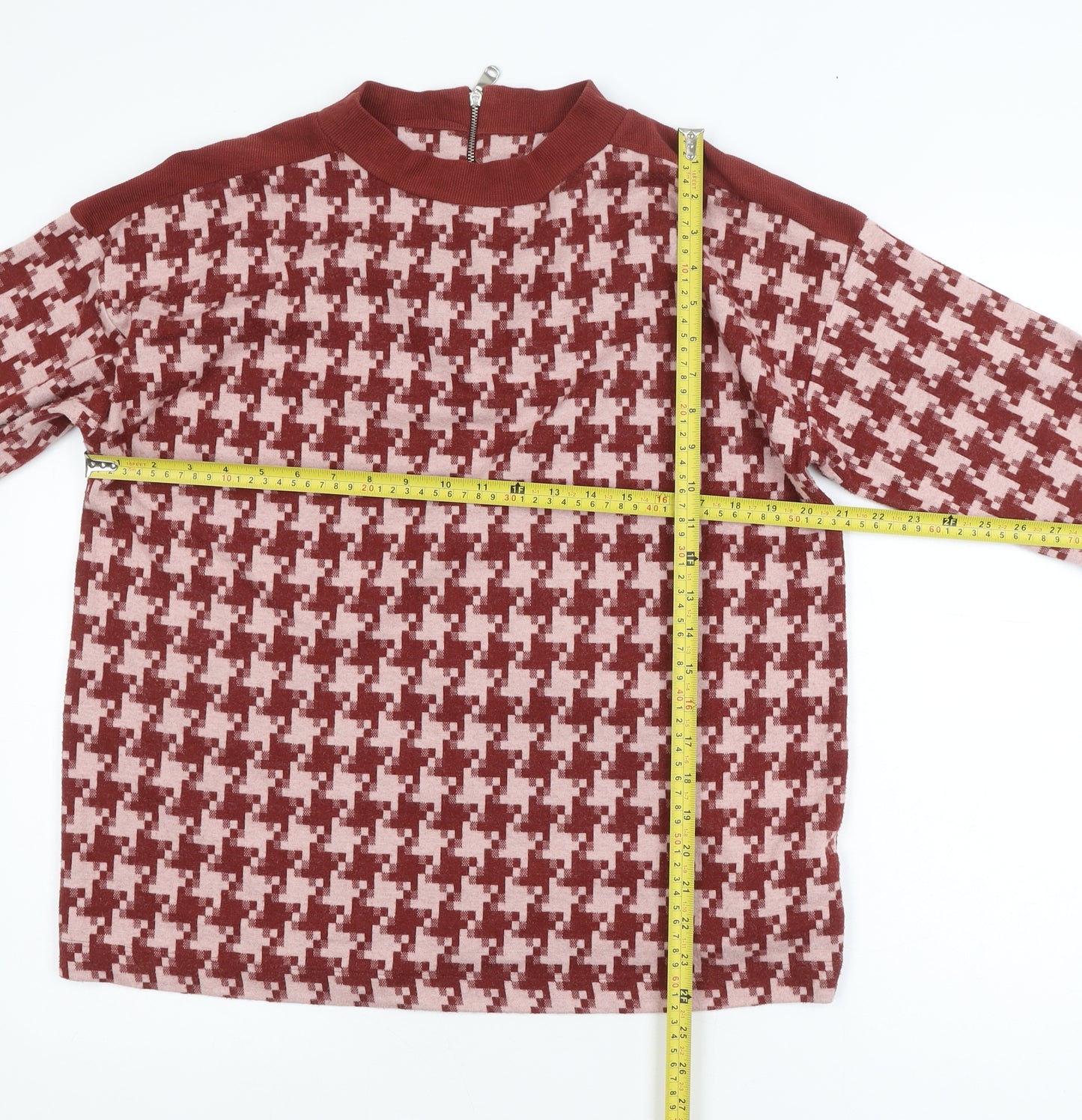 Next Women Red Houndstooth Mock Neck Zip Tunic Blouse UK 16