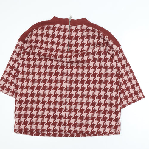 Next Women Red Houndstooth Mock Neck Zip Tunic Blouse UK 16