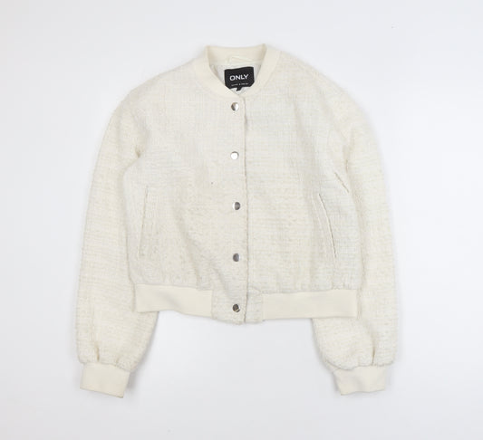 ONLY Womens Ivory Tweed Bomber Jacket Size S Casual Lined