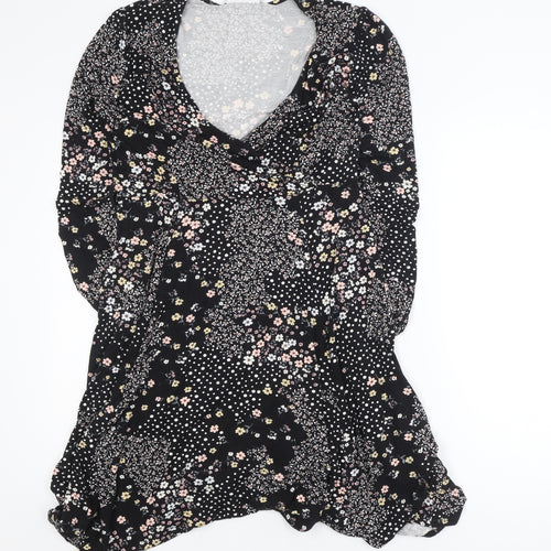 Wallis Petite Black Floral Wrap Dress UK 12 Long Sleeve V-Neck
