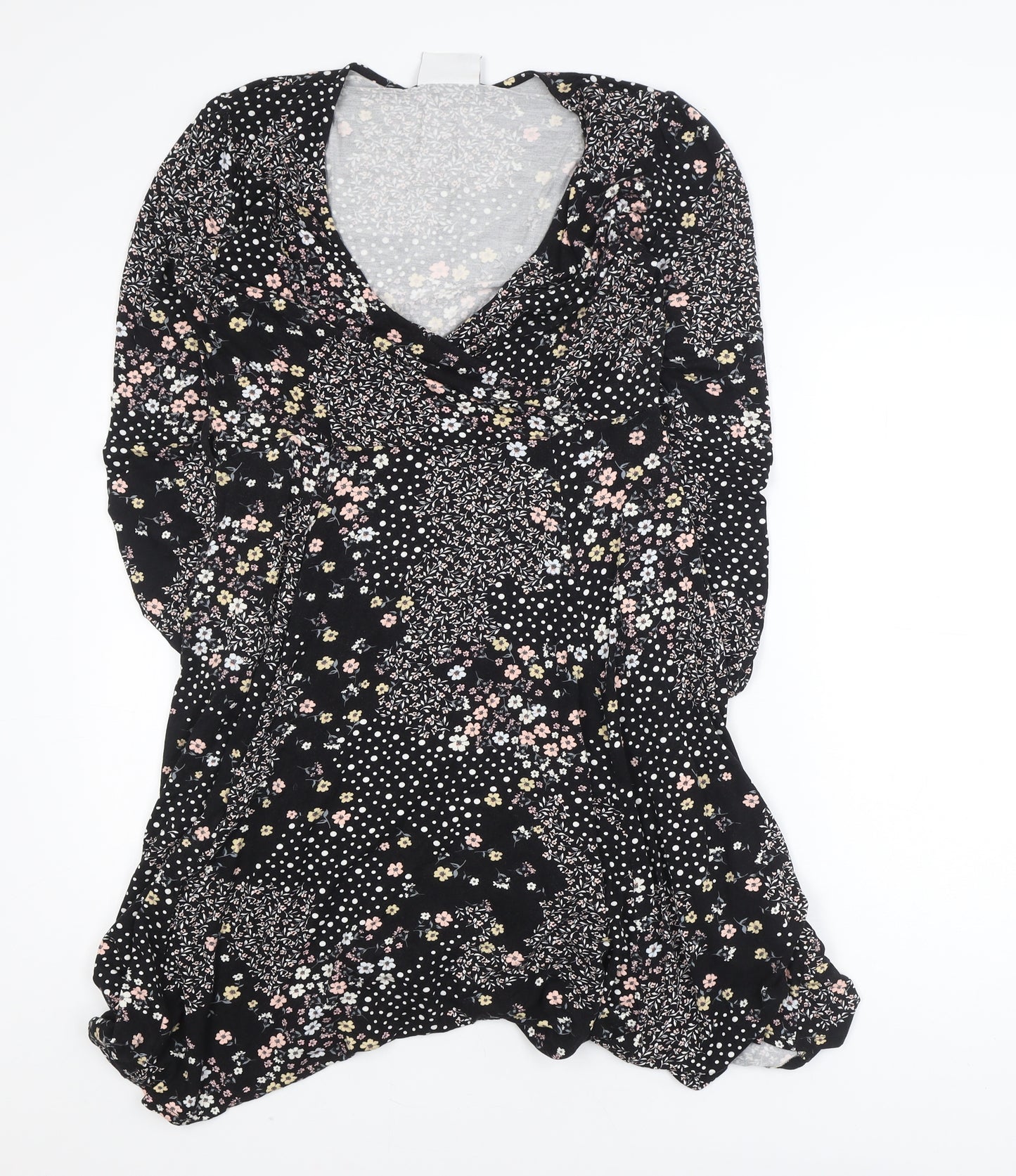 Wallis Petite Black Floral Wrap Dress UK 12 Long Sleeve V-Neck
