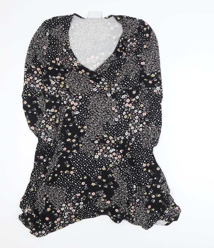 Wallis Petite Black Floral Wrap Dress UK 12 Long Sleeve V-Neck