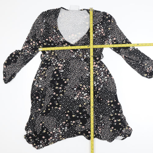 Wallis Petite Black Floral Wrap Dress UK 12 Long Sleeve V-Neck
