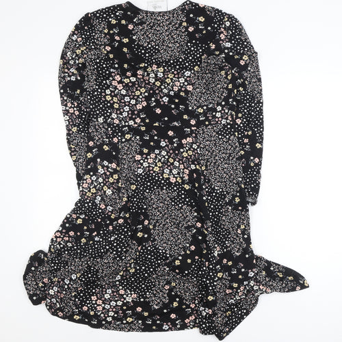 Wallis Petite Black Floral Wrap Dress UK 12 Long Sleeve V-Neck