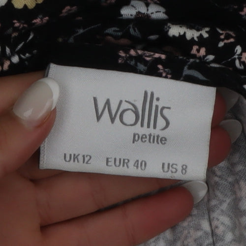 Wallis Petite Black Floral Wrap Dress UK 12 Long Sleeve V-Neck