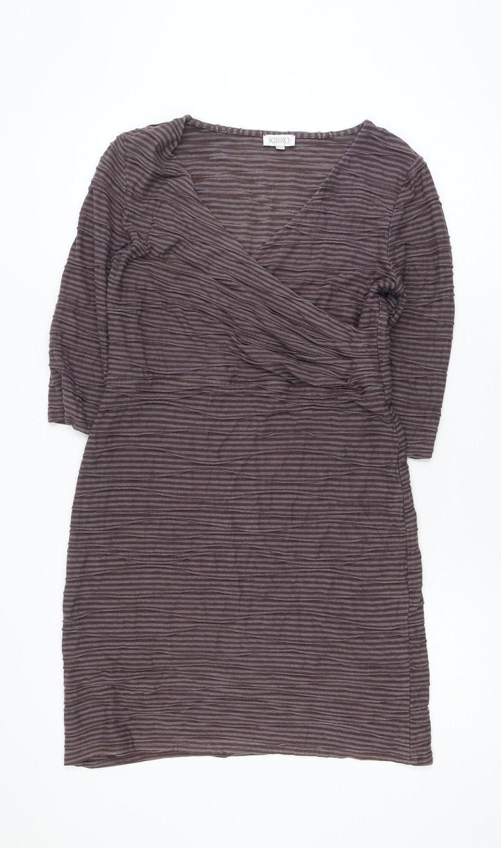 Kaliko Women Brown Striped V-Neck Stretch Wrap Dress Size 12