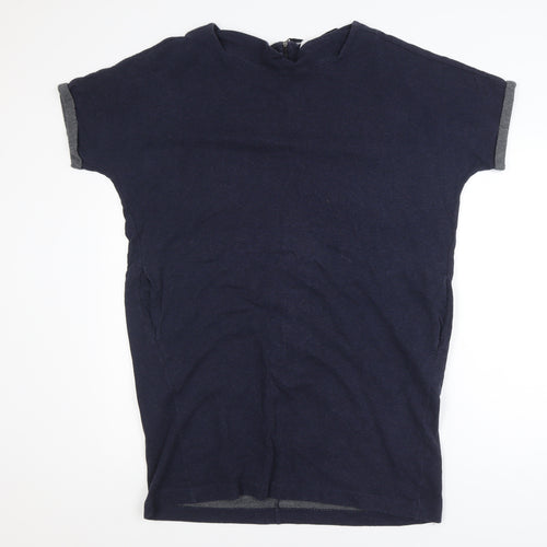 The White Company Women's Blue Short Sleeve Cotton Blend Zip Back Top Size 16