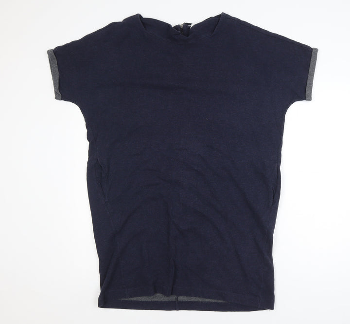 The White Company Women's Blue Short Sleeve Cotton Blend Zip Back Top Size 16