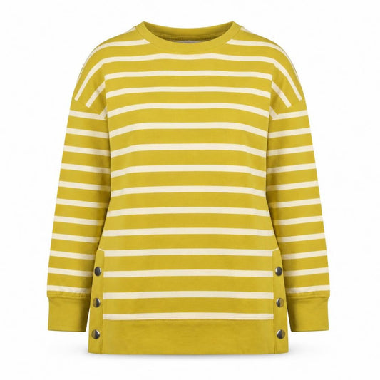 Front view of Next Women’s Yellow Striped Crew Neck Long Sleeve Relaxed Pullover, size UK 12