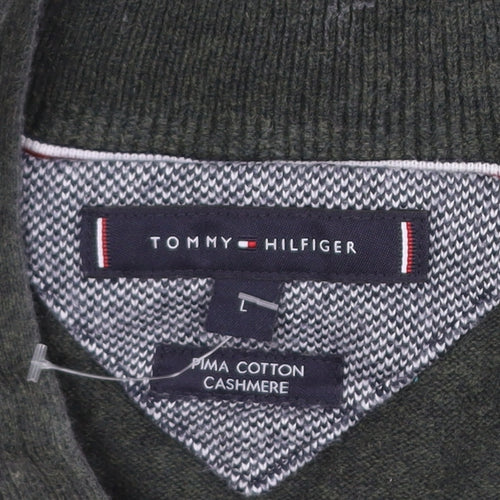 Tommy Hilfiger Men's Green Full Zip Cotton Cashmere Jumper L