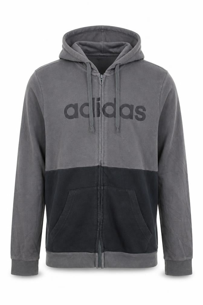 Front view of Adidas men’s grey full zip logo hoodie, size L