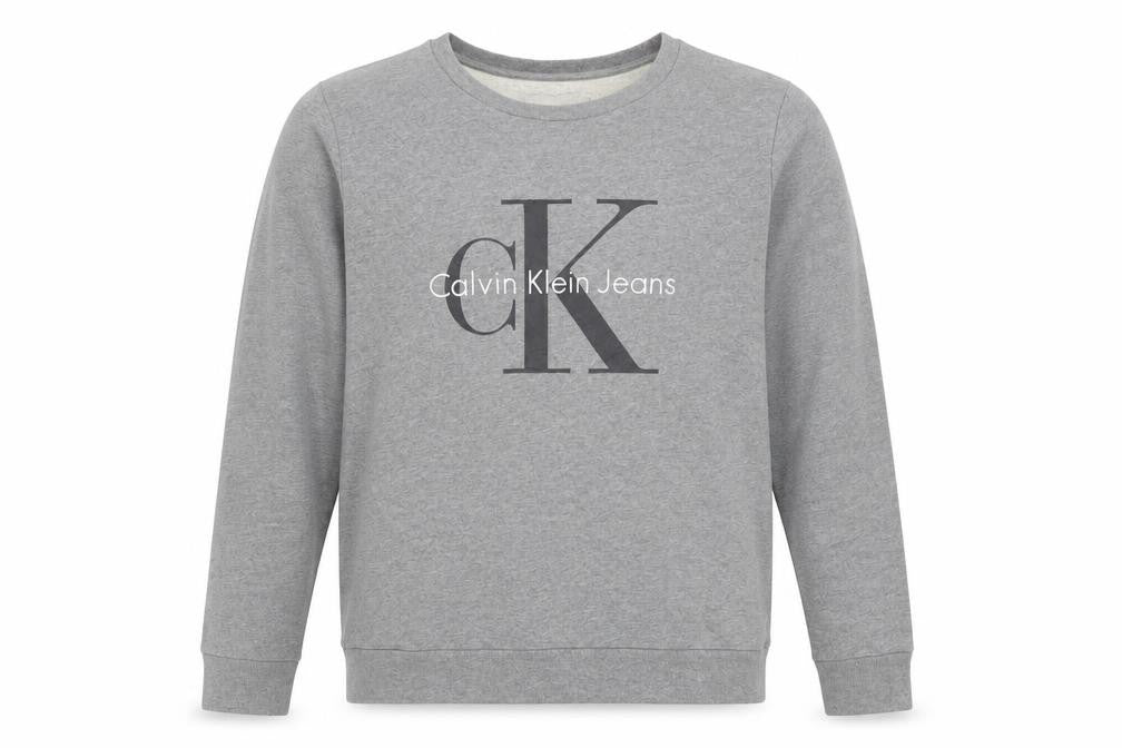 Front view of Calvin Klein Jeans Men's Grey Logo Sweatshirt, size S, Pullover
