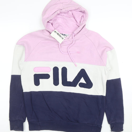 Fila Women’s Pink White Navy Pullover Hoodie XS Colourblock Cotton Blend