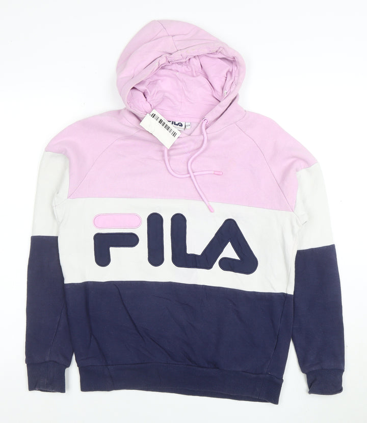 Fila Women’s Pink White Navy Pullover Hoodie XS Colourblock Cotton Blend