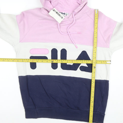 Fila Women’s Pink White Navy Pullover Hoodie XS Colourblock Cotton Blend
