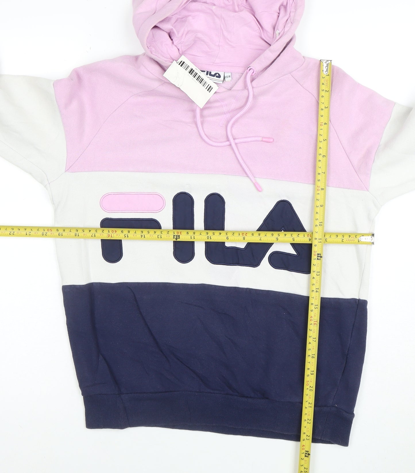 Fila Women’s Pink White Navy Pullover Hoodie XS Colourblock Cotton Blend