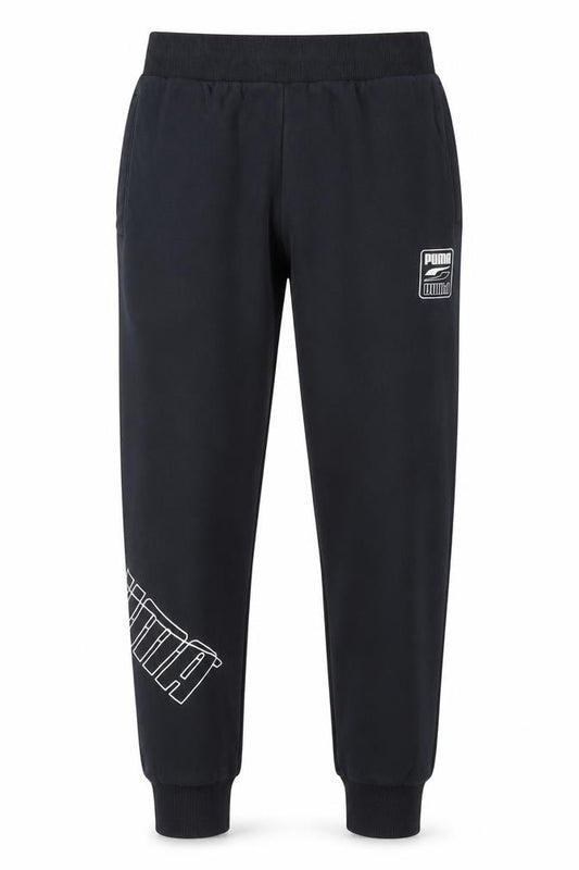 Front view of Puma Men’s Black Jogger Sweatpants, size M, Fleece Tapered Fit
