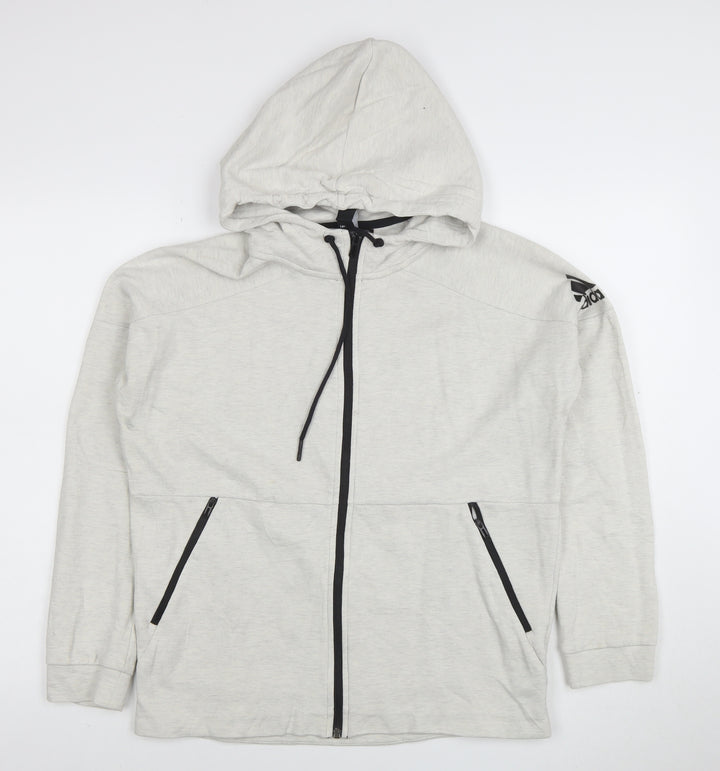 Adidas Women Grey Full Zip Hoodie Size 14 Cotton Blend Hooded Sweatshirt