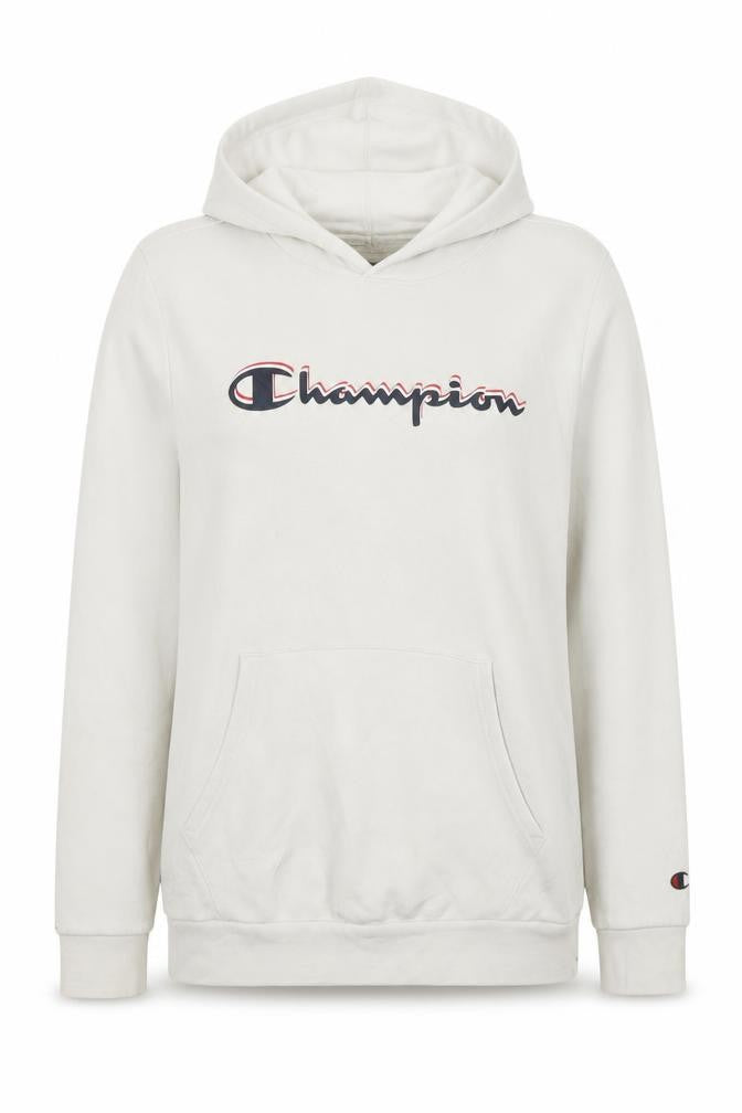 Front view of Champion Teens Beige Pullover Hoodie XL Graphic Print Cotton Blend