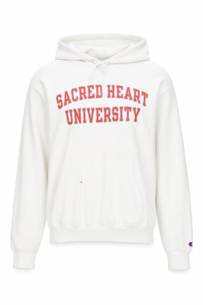 Front view of Champion women’s white sacred heart university pullover hoodie, size S
