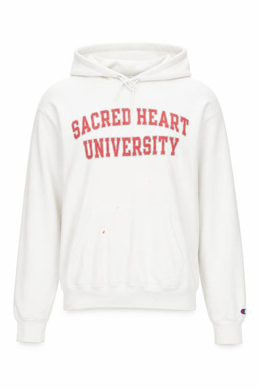 Front view of Champion women’s white sacred heart university pullover hoodie, size S
