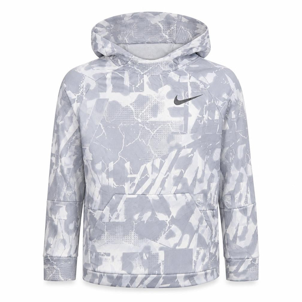 Front view of Nike boys’ grey camouflage dri-fit pullover hoodie, size L
