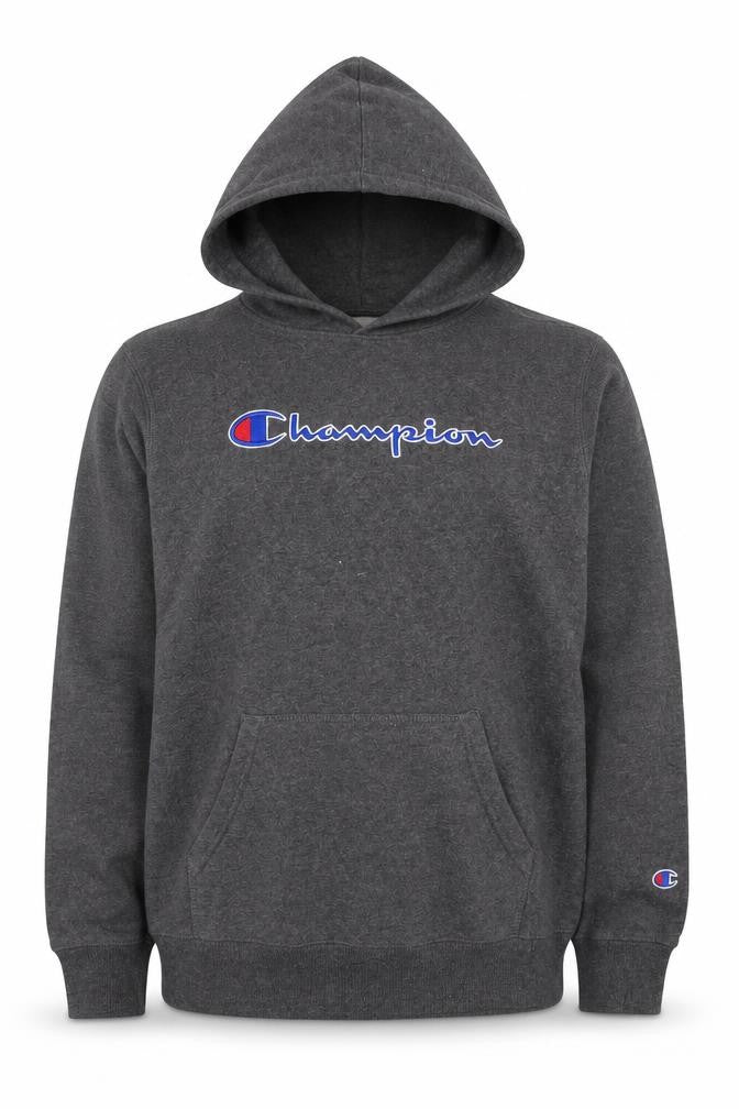Front view of Champion Men's Grey XL Pullover Hoodie Fleece Logo Sweatshirt