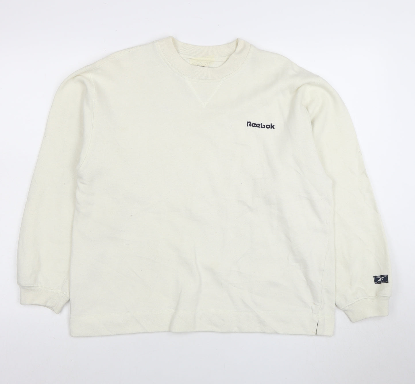 Reebok Men White Crew Neck Pullover Sweatshirt L Regular Fit
