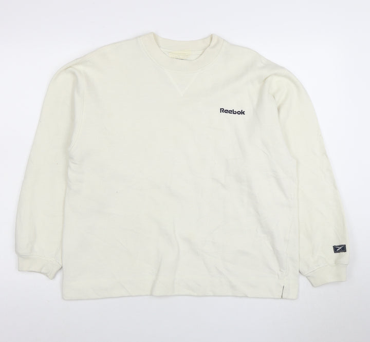 Reebok Men White Crew Neck Pullover Sweatshirt L Regular Fit
