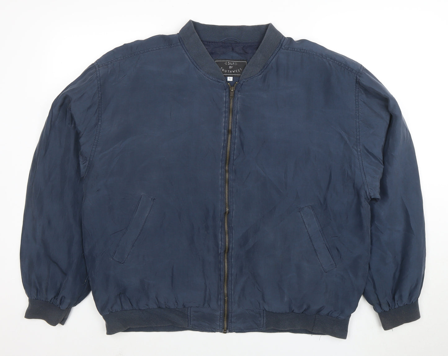 Silk by Southwest Men's Blue Silk Bomber Jacket L Casual Zip-Up