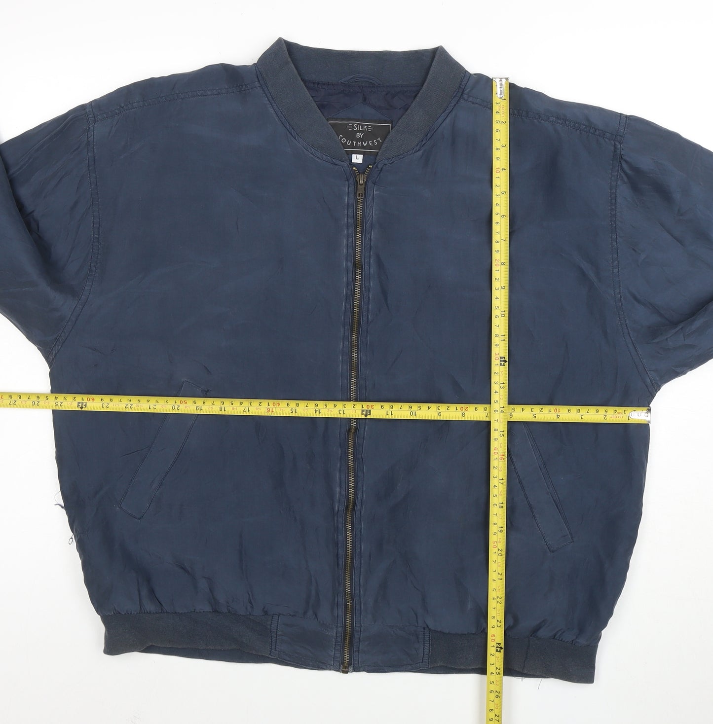 Silk by Southwest Men's Blue Silk Bomber Jacket L Casual Zip-Up