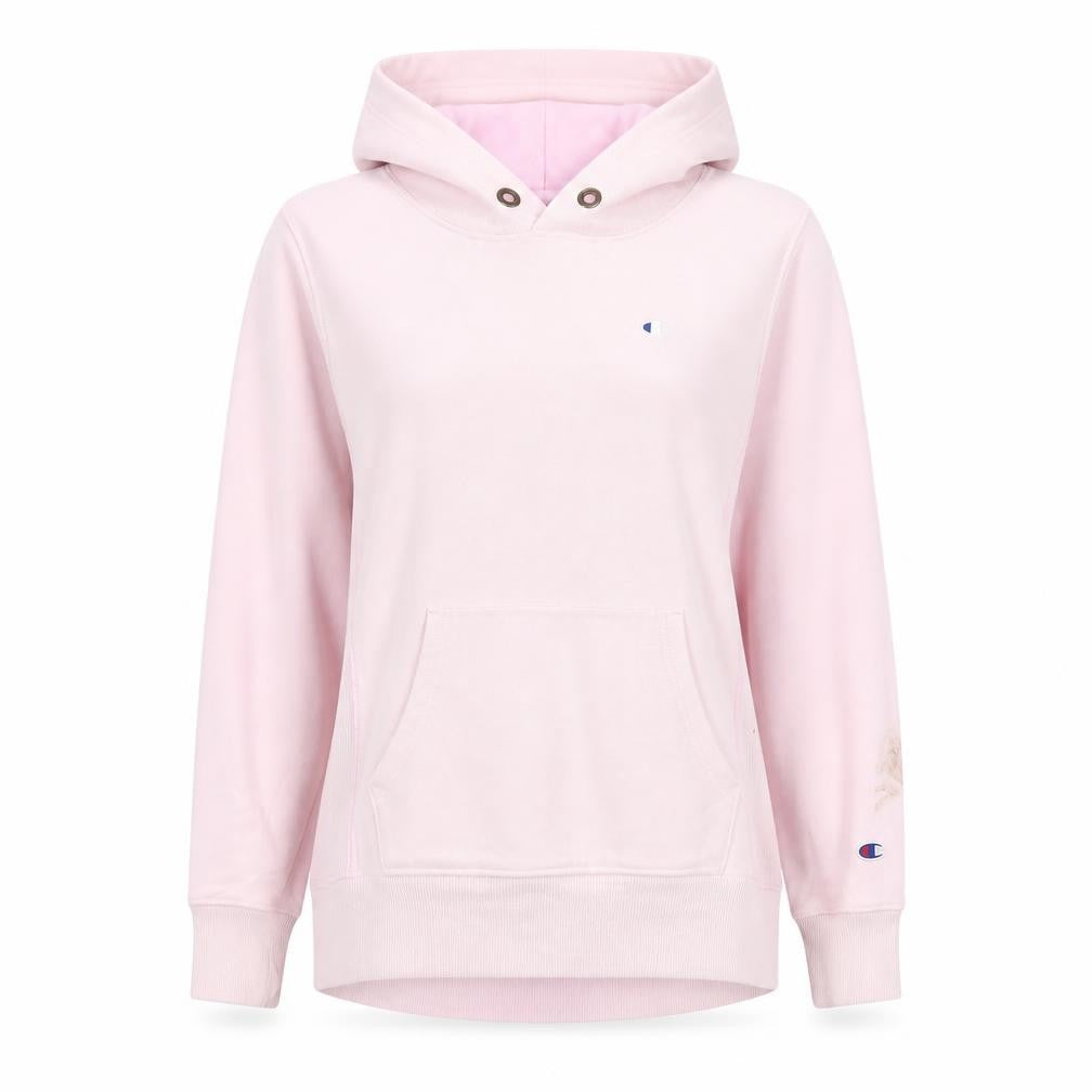 Front view of Champion women’s pink medium pullover hoodie cotton blend casual