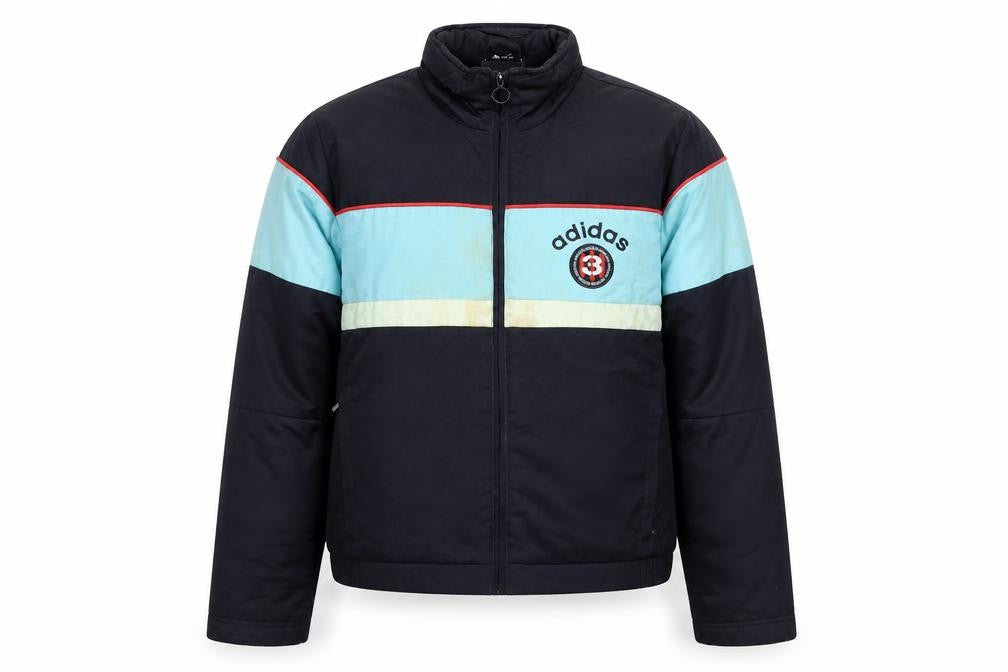 Front view of Adidas Men's Blue M Retro Bomber Jacket Full Zip Lined Sportswear
