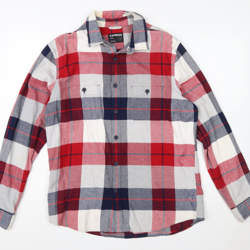 Express Men's Red Plaid Flannel Button-Up Shirt Size L