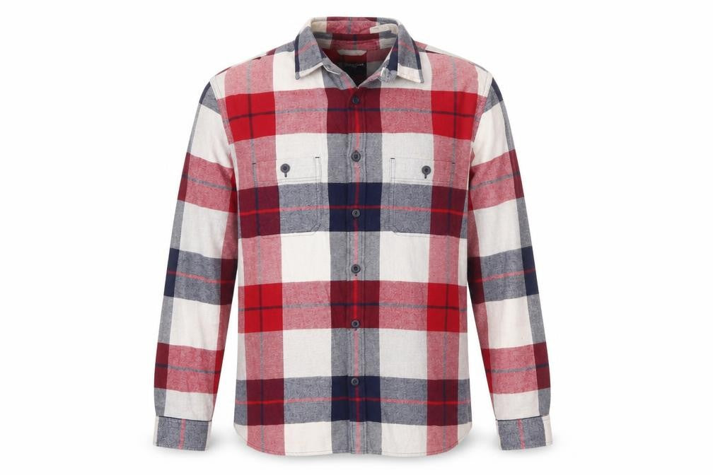 Front view of Express Men's Red Plaid Flannel Button-Up Shirt, size L