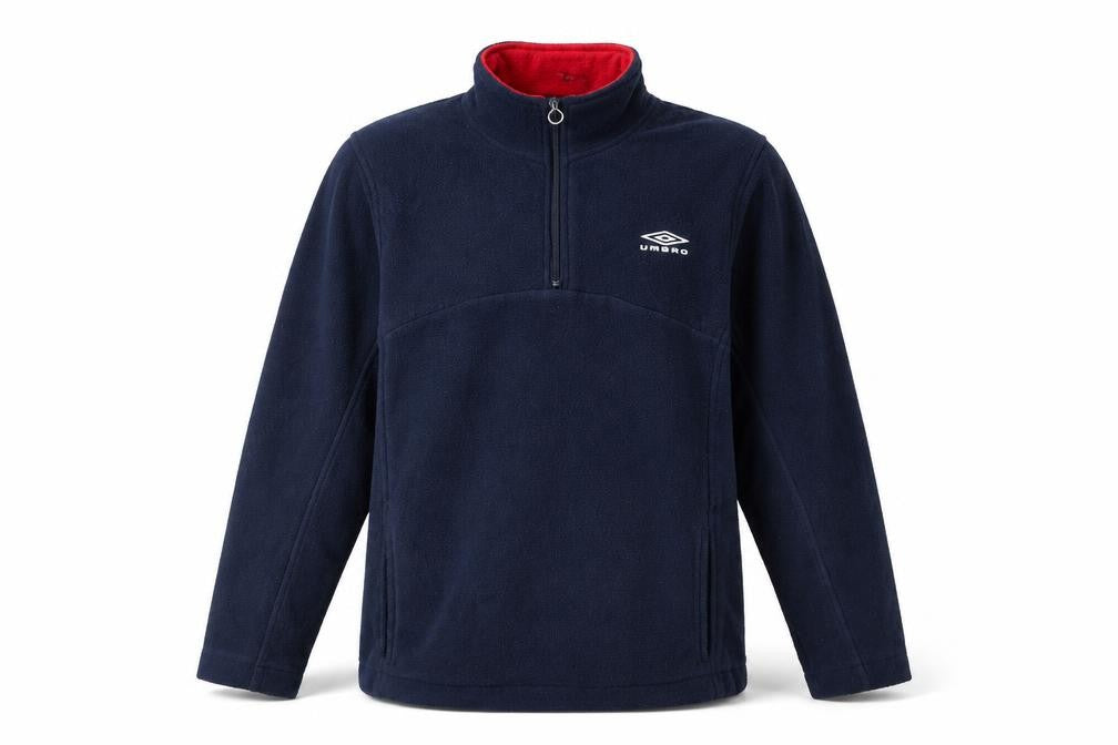 Front view of Umbro boys’ navy fleece 1/2 zip sweatshirt, size 13, years