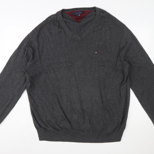 Tommy Hilfiger Men Grey XL V-Neck Cotton Jumper Classic Knit