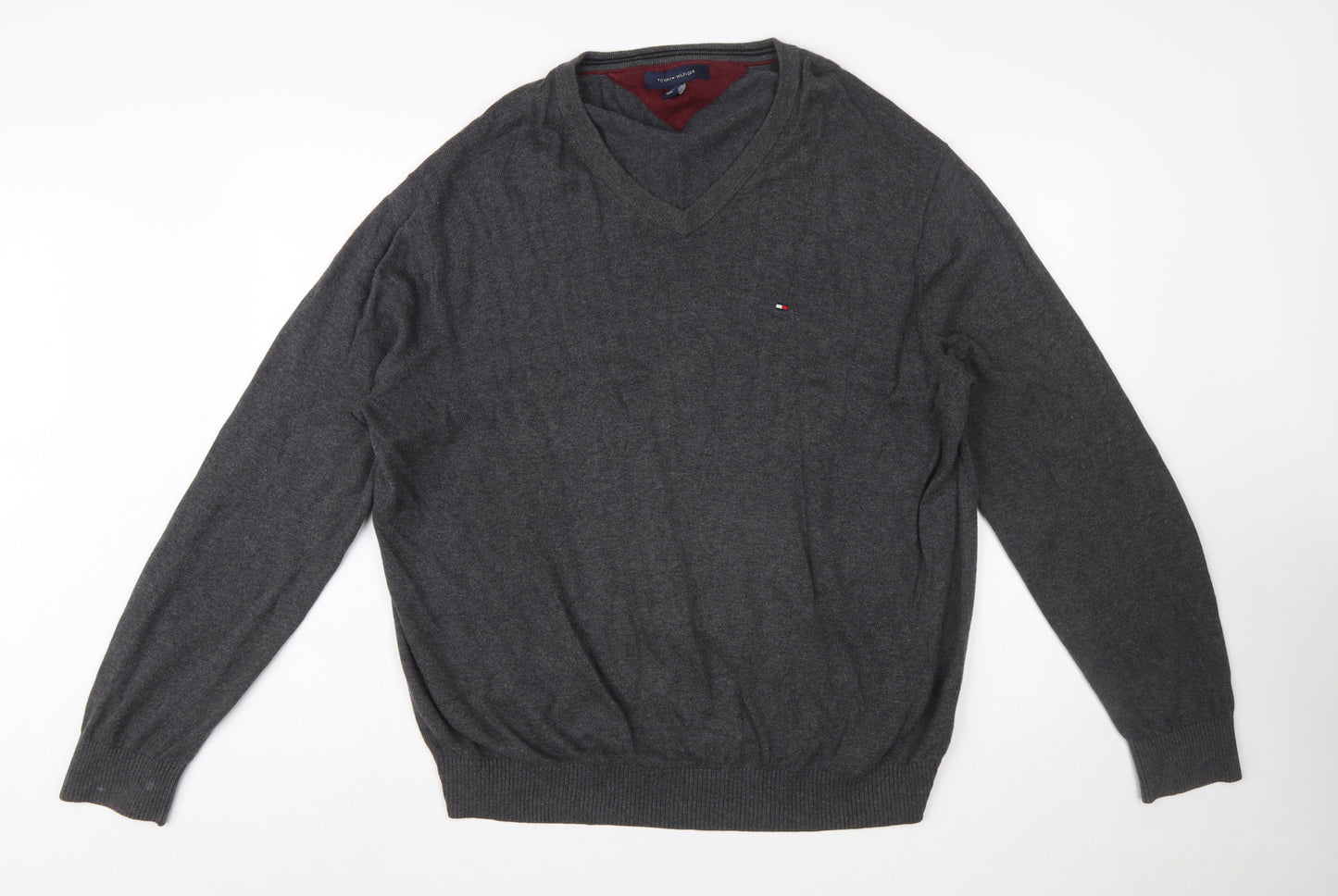Tommy Hilfiger Men Grey XL V-Neck Cotton Jumper Classic Knit