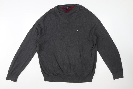 Tommy Hilfiger Men Grey XL V-Neck Cotton Jumper Classic Knit
