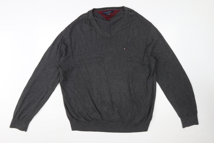 Tommy Hilfiger Men Grey XL V-Neck Cotton Jumper Classic Knit
